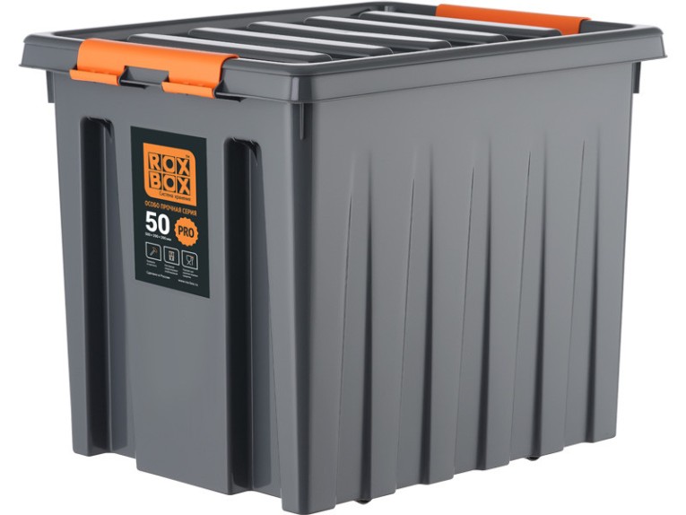 Контейнер особопрочный Rox Box PRO 50 (500х390х390 мм с крышкой и клипсами, на роликах, антрацит) купить в Смоленске