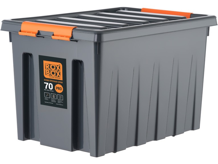 Контейнер особопрочный Rox Box PRO 70 (589х396х355 мм с крышкой и клипсами, на роликах, антрацит) купить в Смоленске